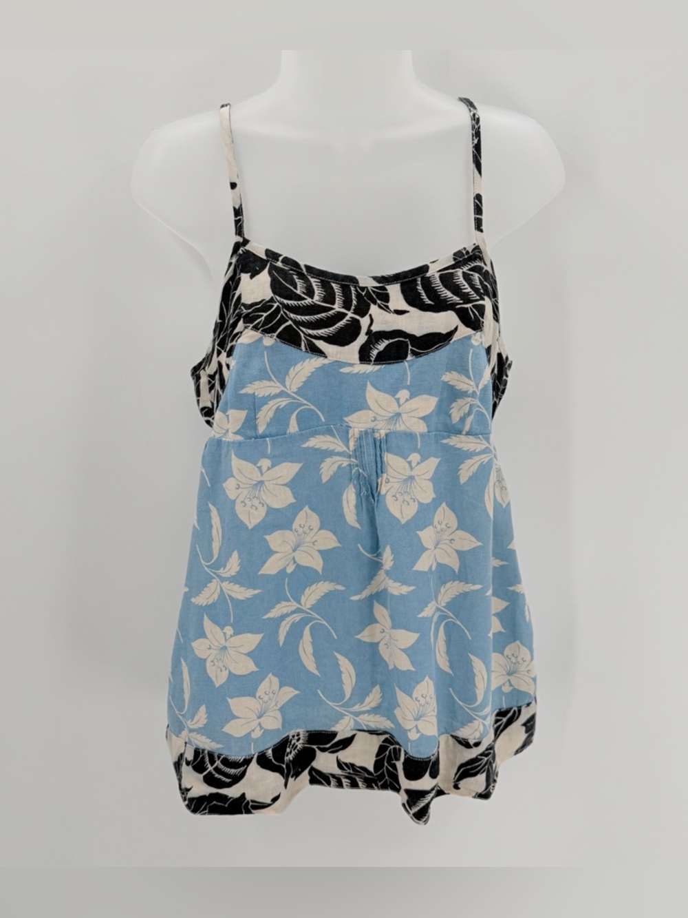 Gap Top Women’s M Blue Floral Linen Babydoll Tank Pockets Boho 2000s 2008